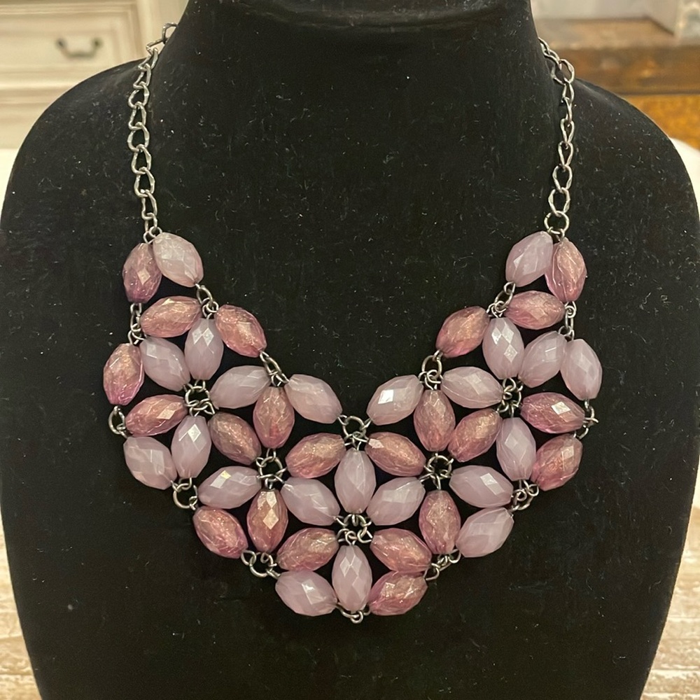 New York & Co Silver Tone Purple Bib Choker Collar Pendant Statement Necklace